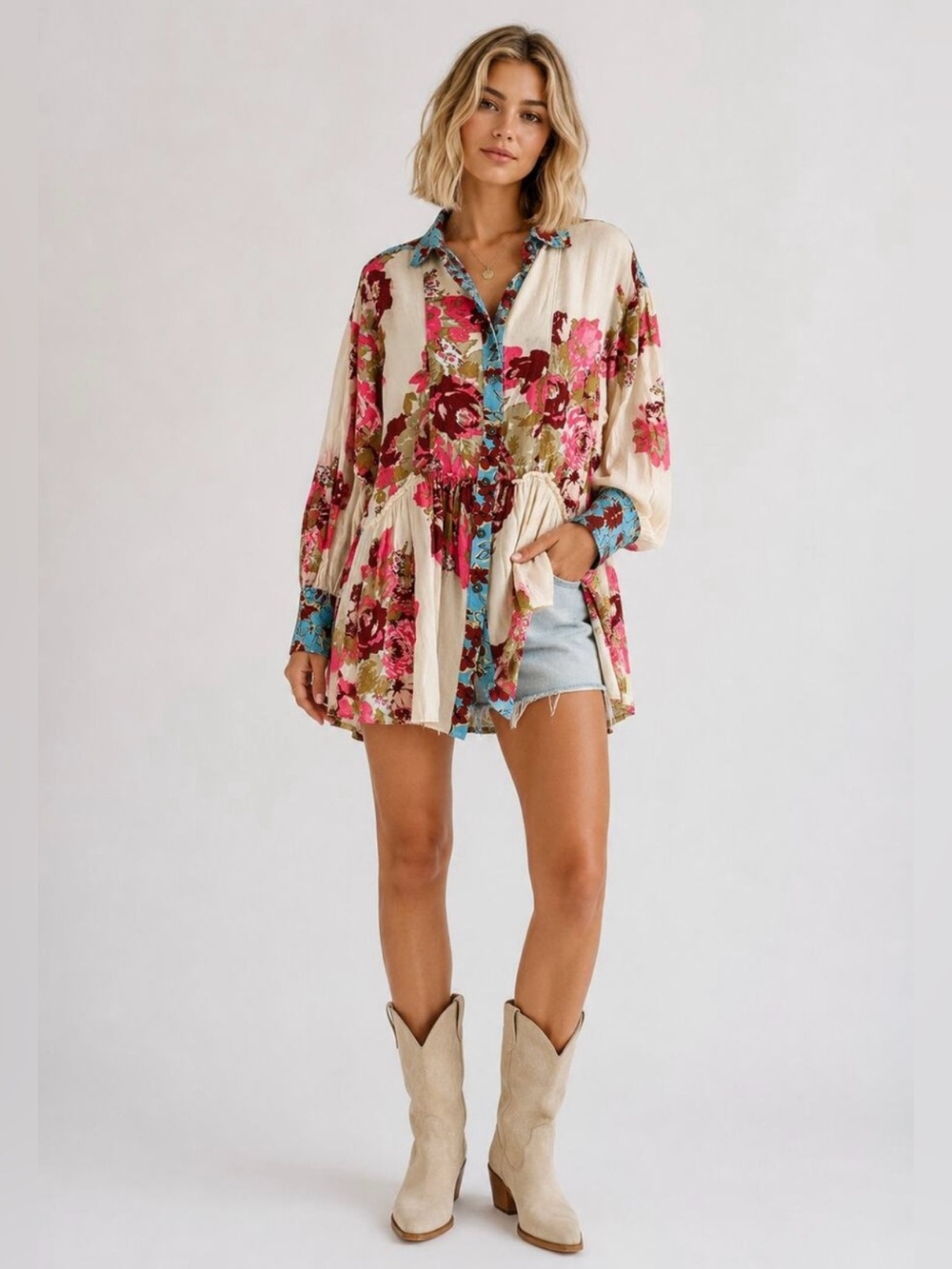 Free People Oversized Brunch A Bunch Long Sleeve Tunic Shirt Womens size XS